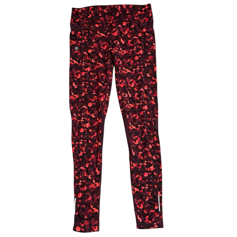 Athleta Women’s Ankle Leggings Size S Red Orange Geometric Print Zipper Pockets